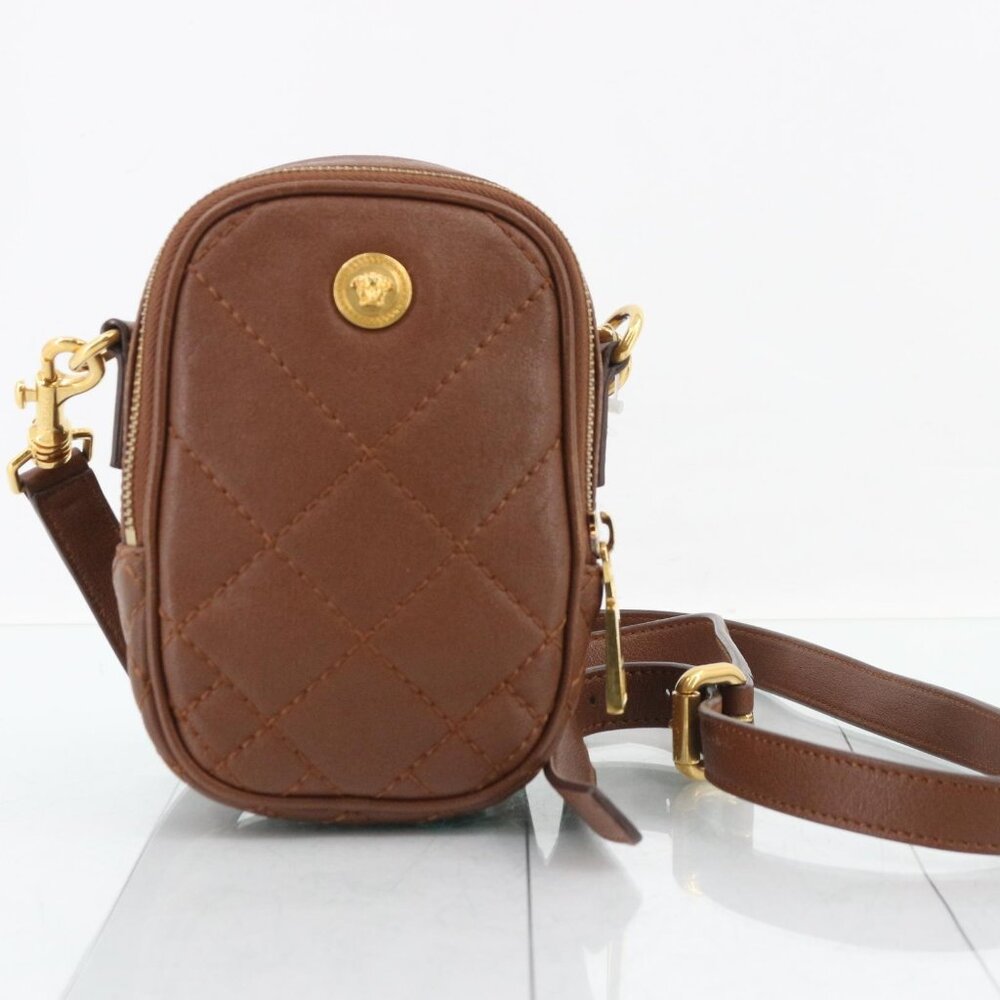 Versace Brown Quilted Leather Mini Crossbody Bag